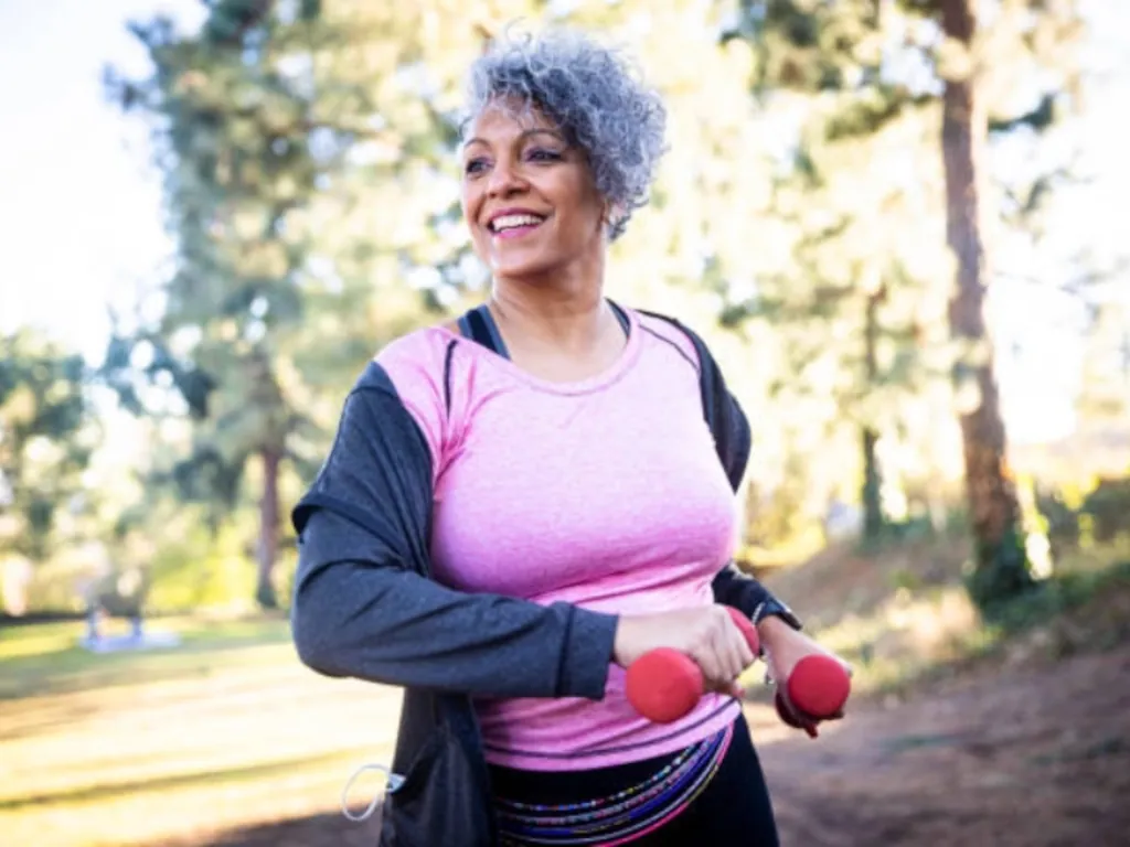 A woman who is actively running.