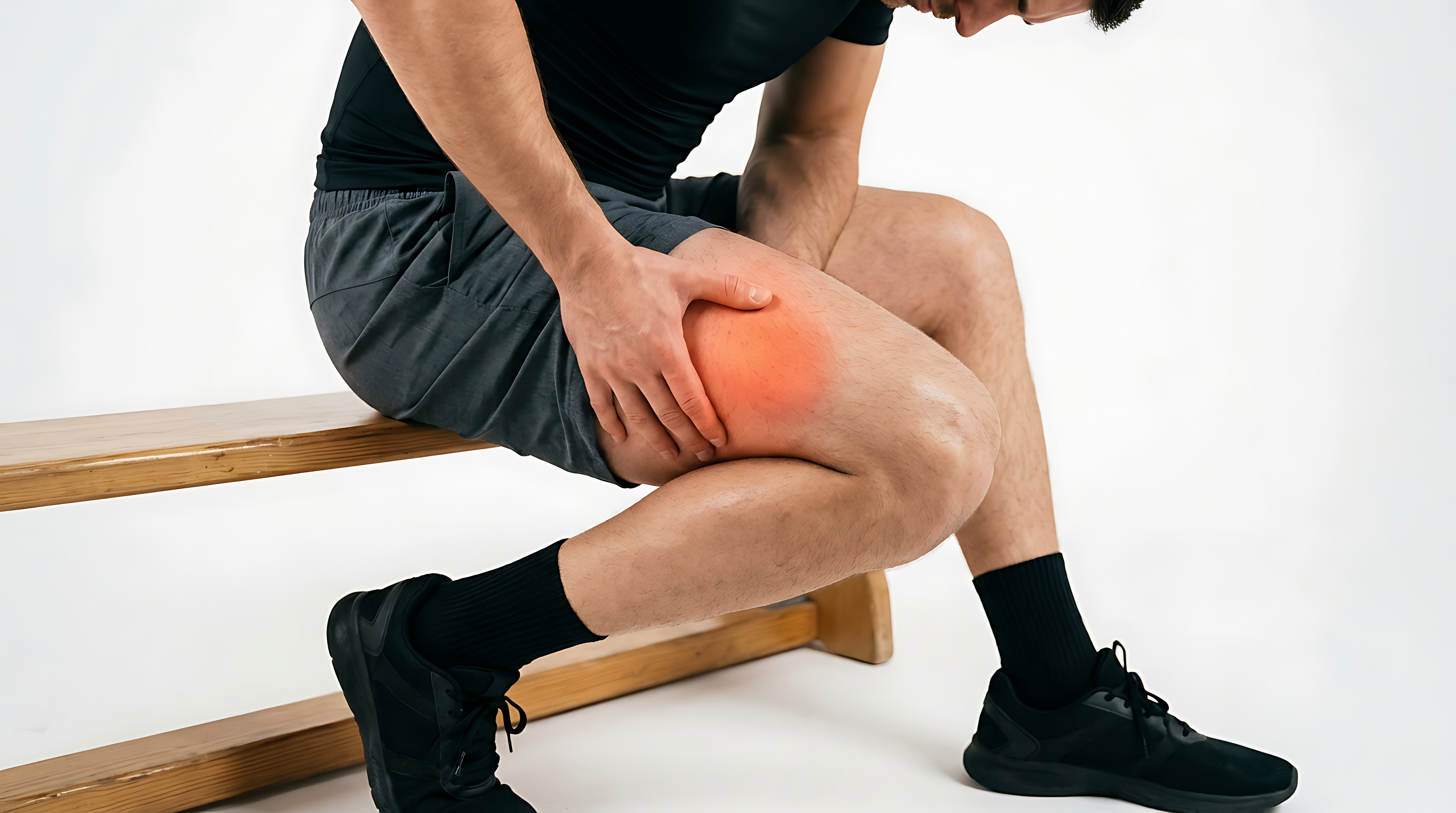 Man with Thigh Muscle Pain & Injury: Sports Medicine, Physical Therapy, Muscle Strain & Recovery Concept