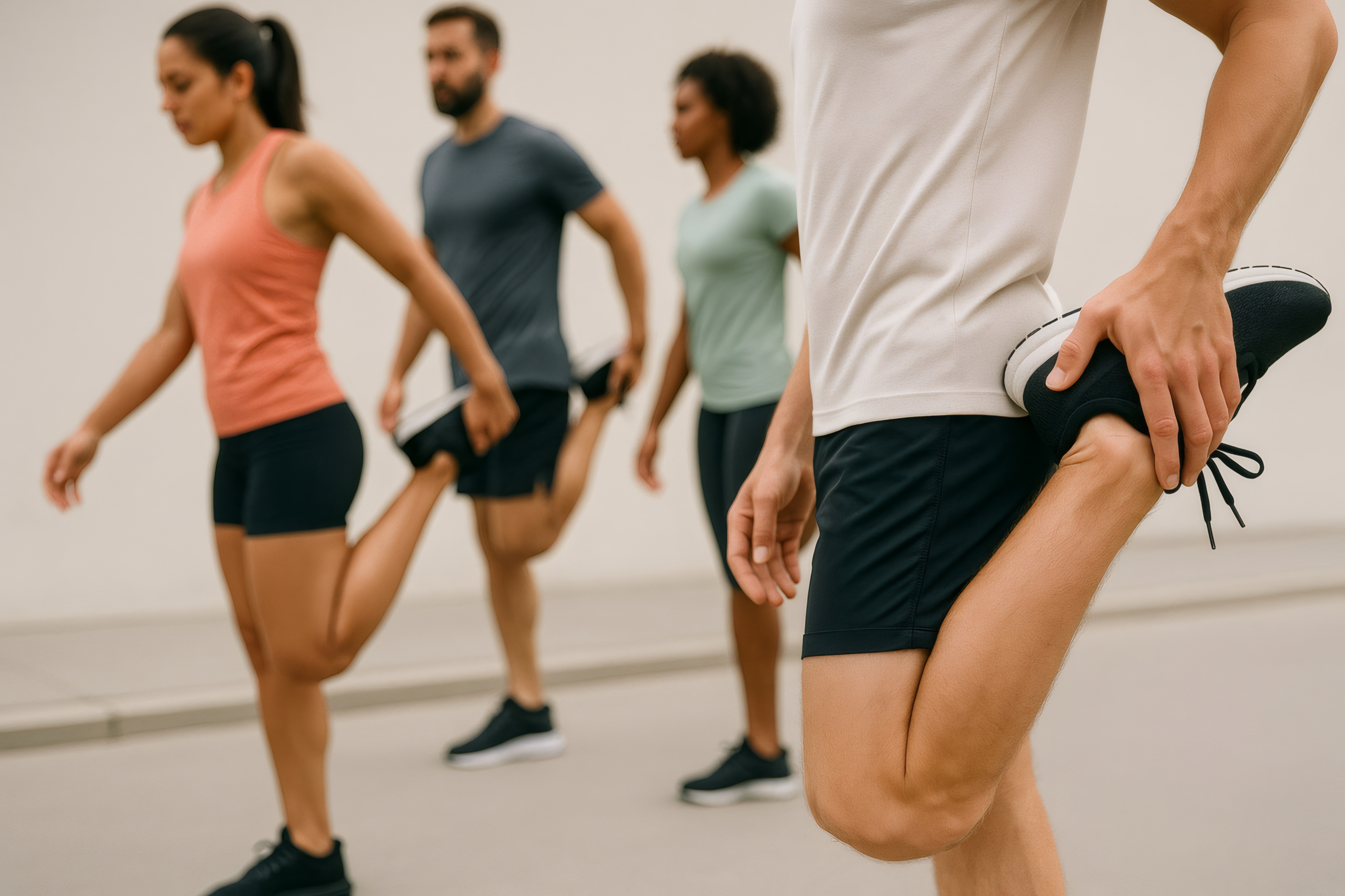 Group of active individuals performing warm up exercises, holding their ankles and stretching quadriceps muscles, preparing for a fitness session outdoors