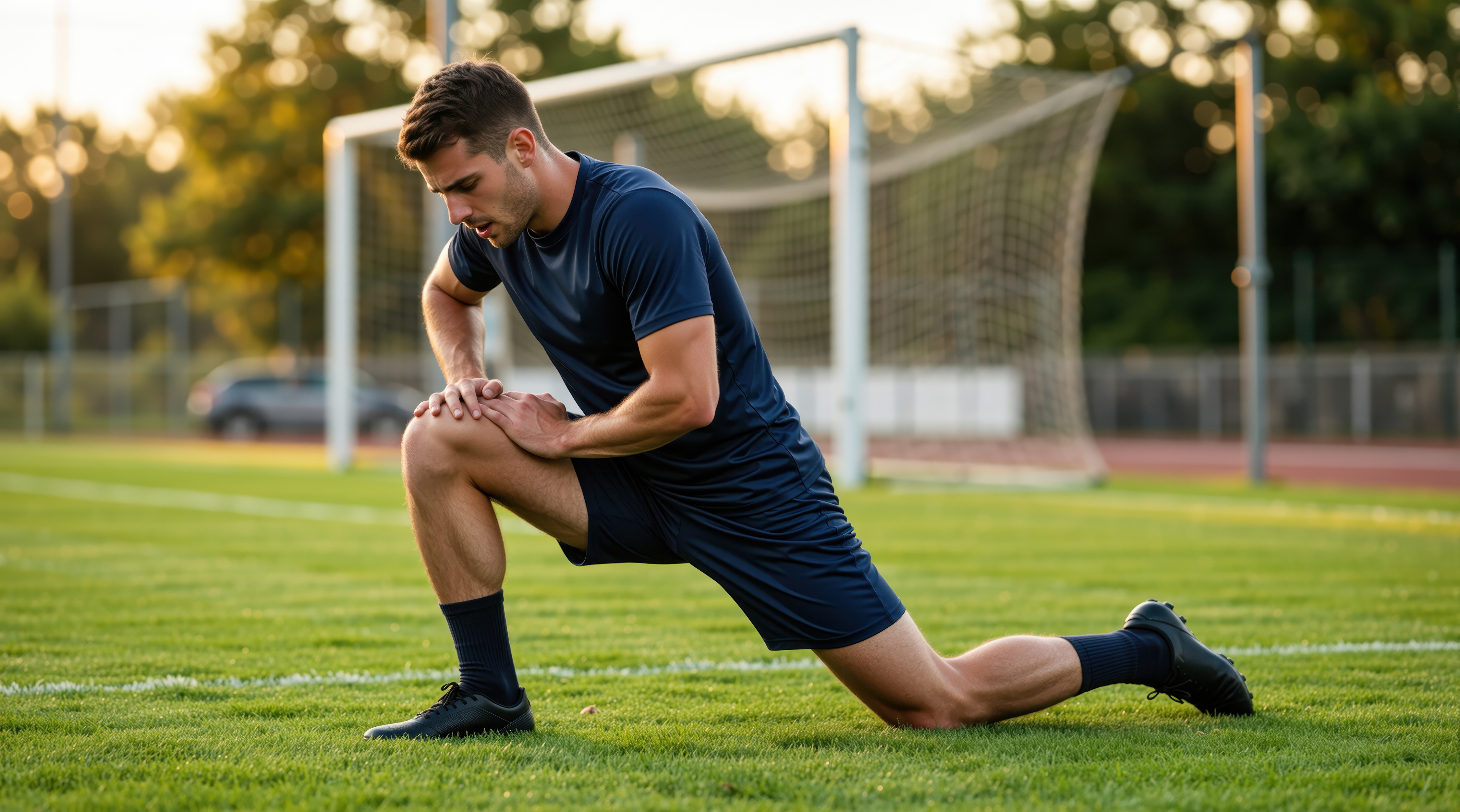 An athletic male soccer player in dark training gear stretches his legs on a lush green field. He is in a lunge position with his hands resting on his knee, focusing on his warm-up routine. The scene is set outdoors at a sports complex with a goal post in the background, illuminated by the soft, warm light of the late afternoon sun. The image represents dedication, health, and sports training.