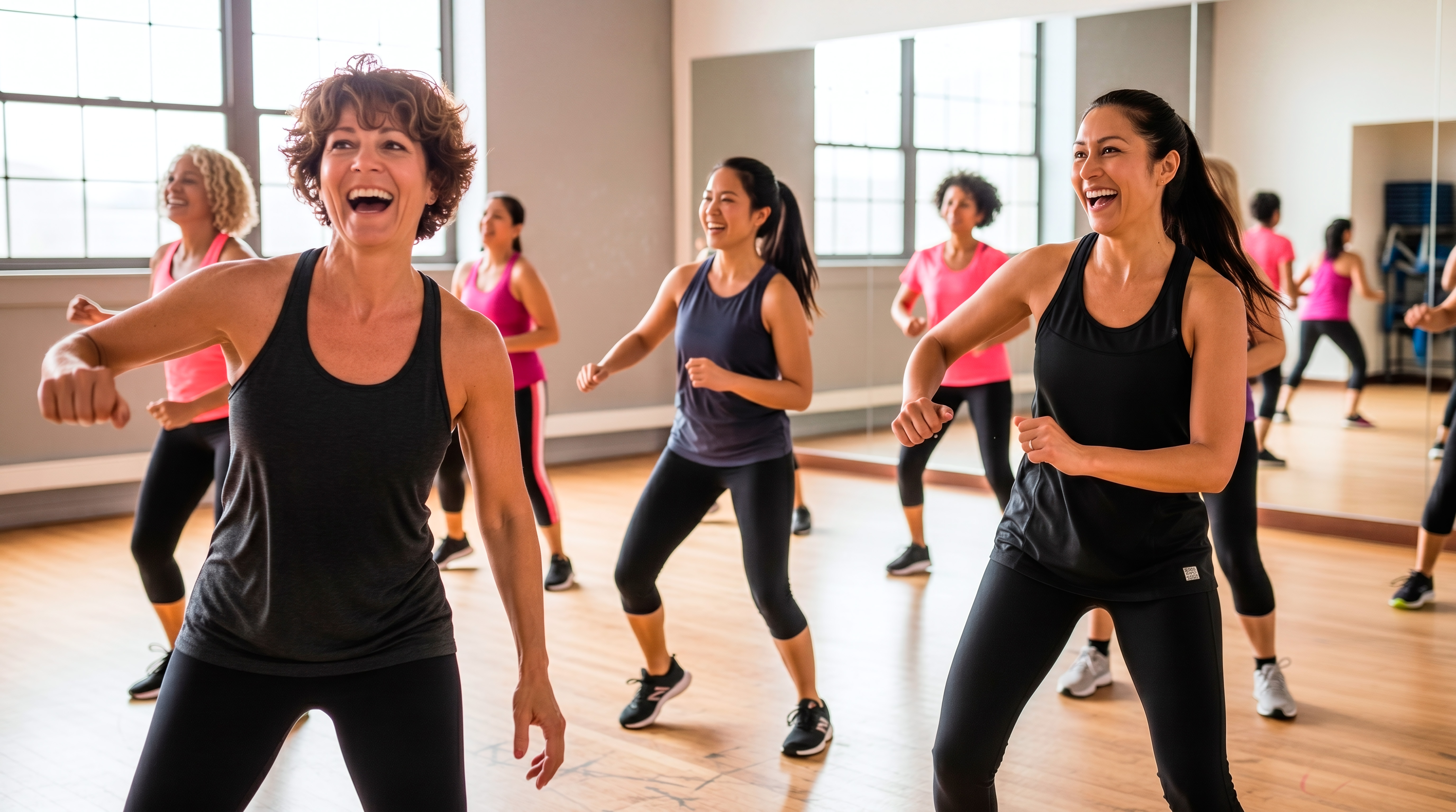 Women of various ages and ethnicities participate in a fun aerobic dance workout session in a bright studio with mirrors