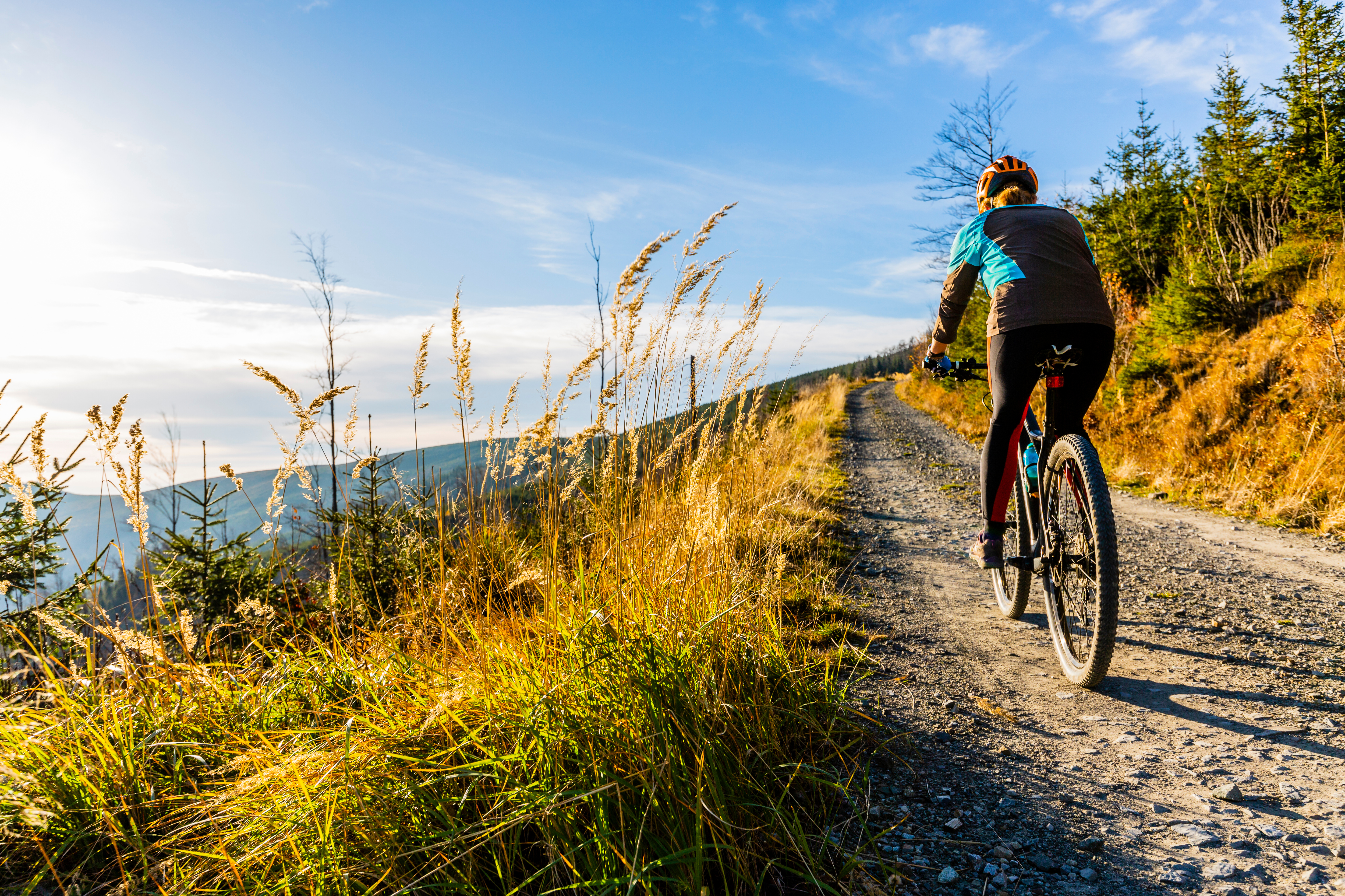 Mountain biking woman riding on bike in autumn mountains forest landscape. Woman cycling MTB flow trail track. Outdoor sport activity.
